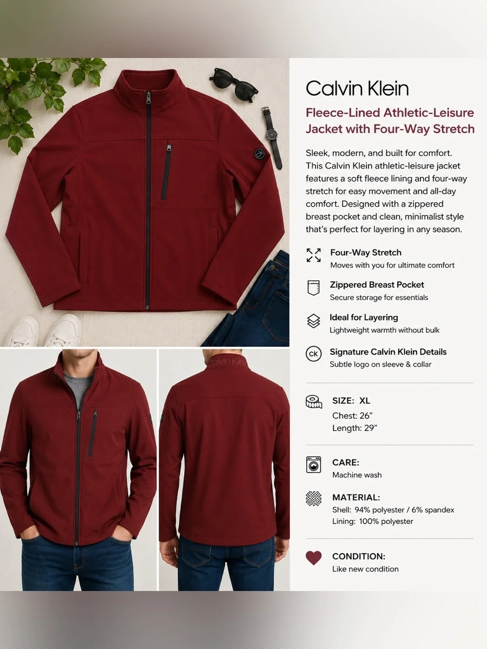 Calvin Klein Fleece Lined Softshell Jacket XL Burgundy Stretch Athleisure Zip Up